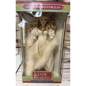 Vtg CLASSIC TREASURES- PORCELAIN DOLL 20” With Box/Certificate Of Auth. & Stand